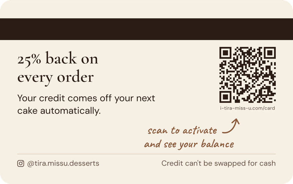 Back of the members card: 25% back on every order, scan the QR code to see your balance