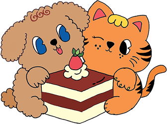 I Tira-miss-u logo: a puppy and a ginger cat hugging a slice of tiramisu